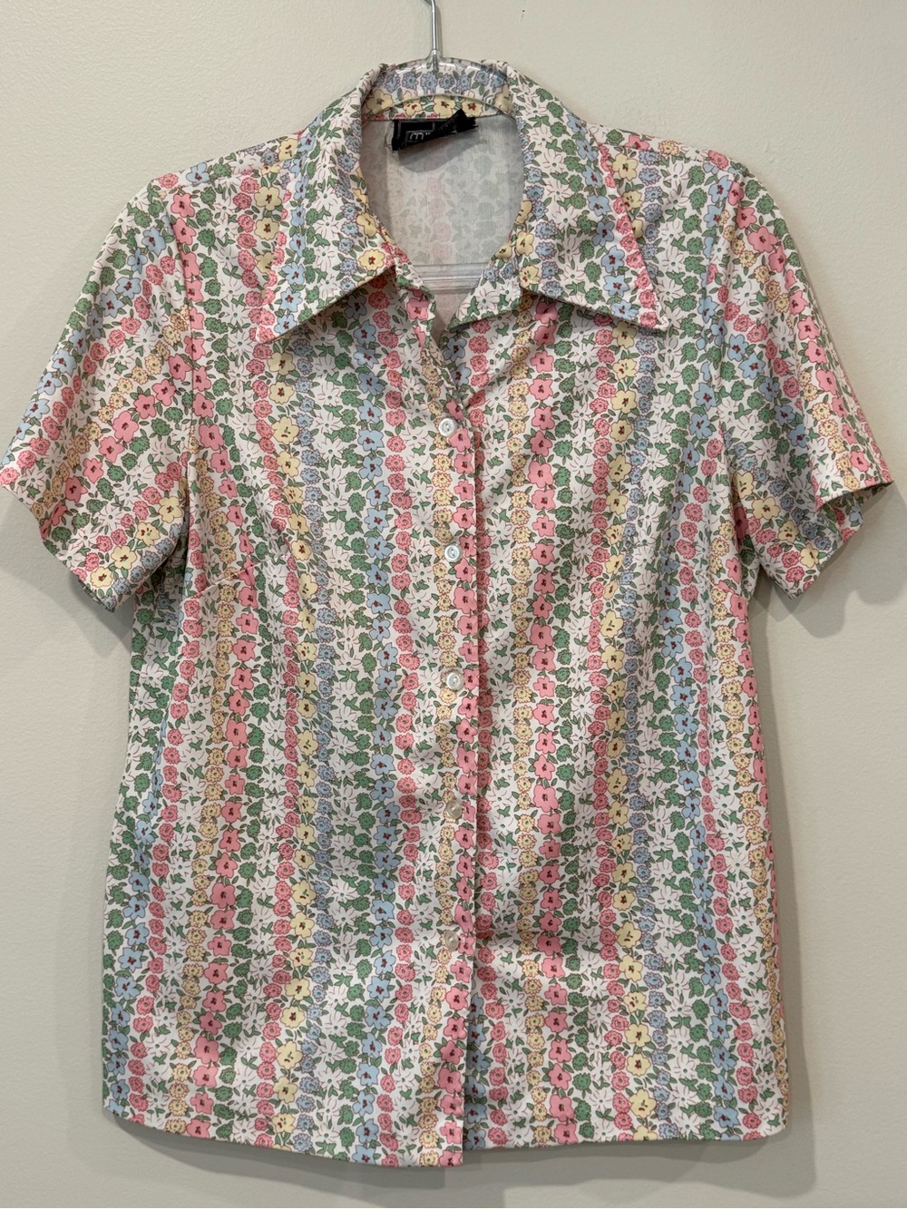 Vintage M'Lady Pastel Floral Stripe Short Sleeve Button Down Blouse L